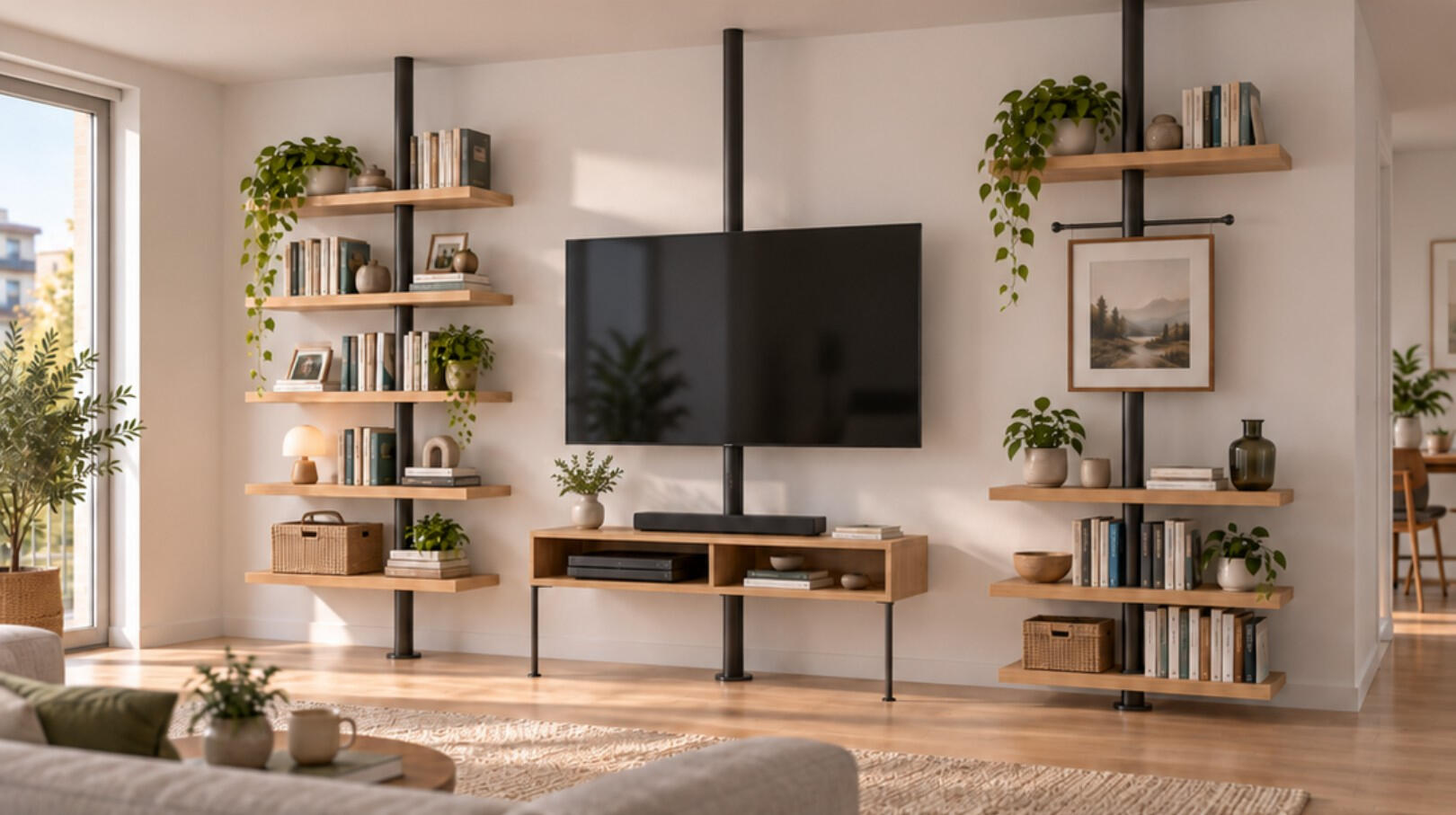 Modarsyss a living room wall: floor-standing uprights carrying bookshelves, a televisiona nd a media unit